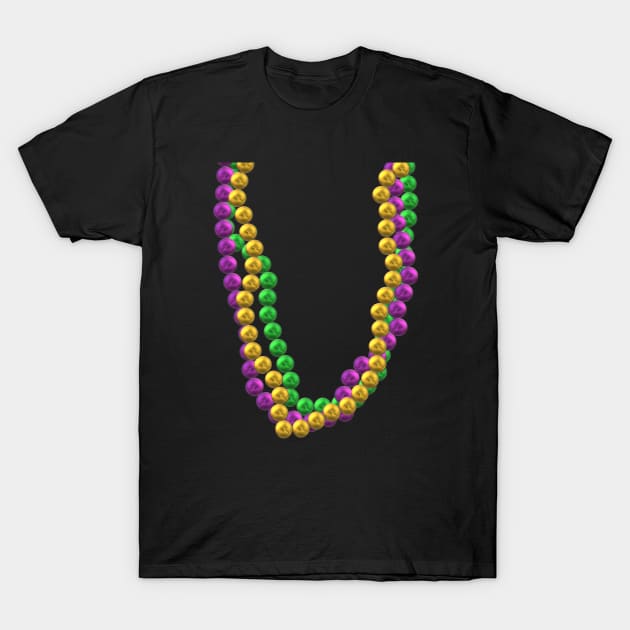 Mardi Gras Bead Necklaces in Purple, Green and Gold (Black Background) T-Shirt by Art By LM Designs 